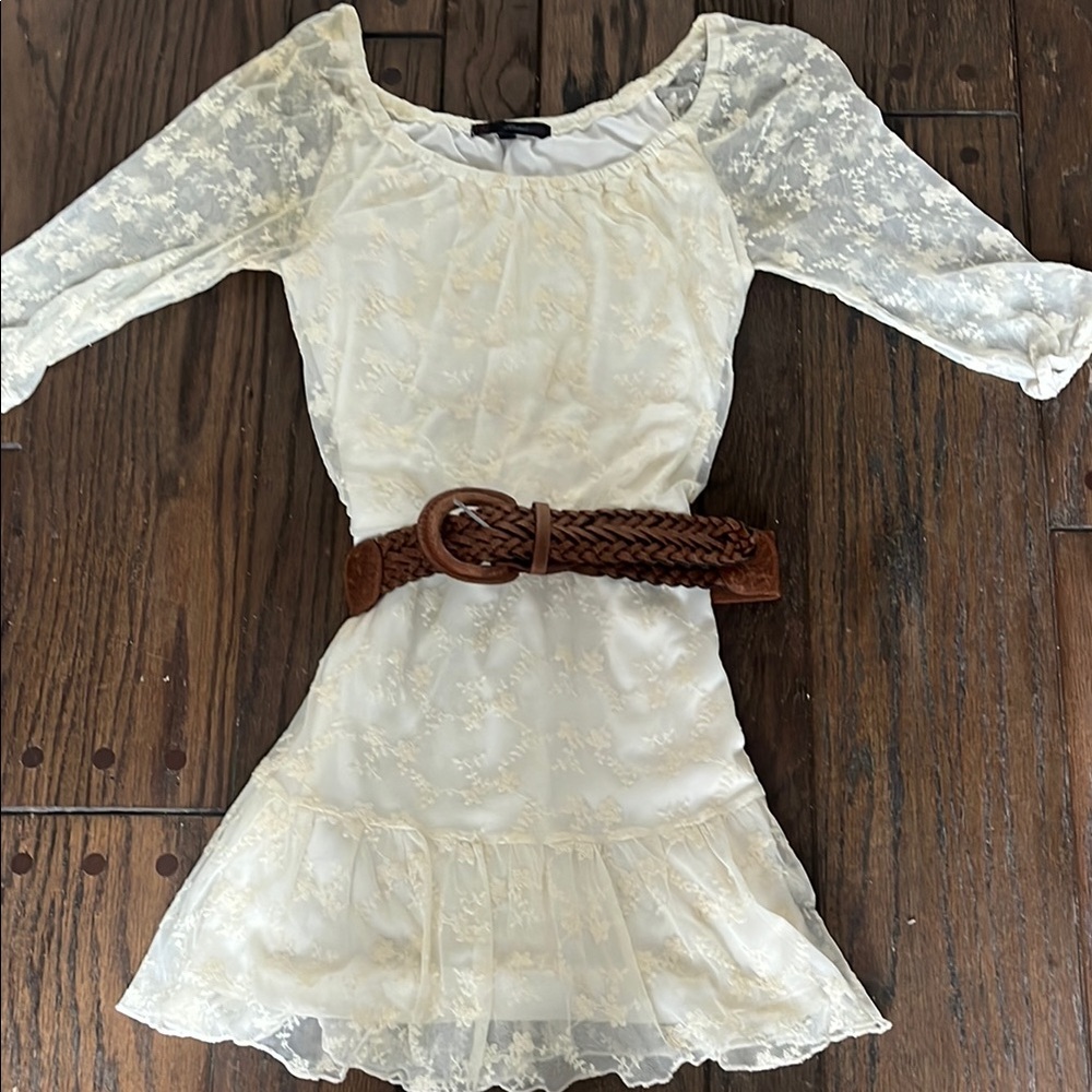 Cream Lace Dress with Brown Belt